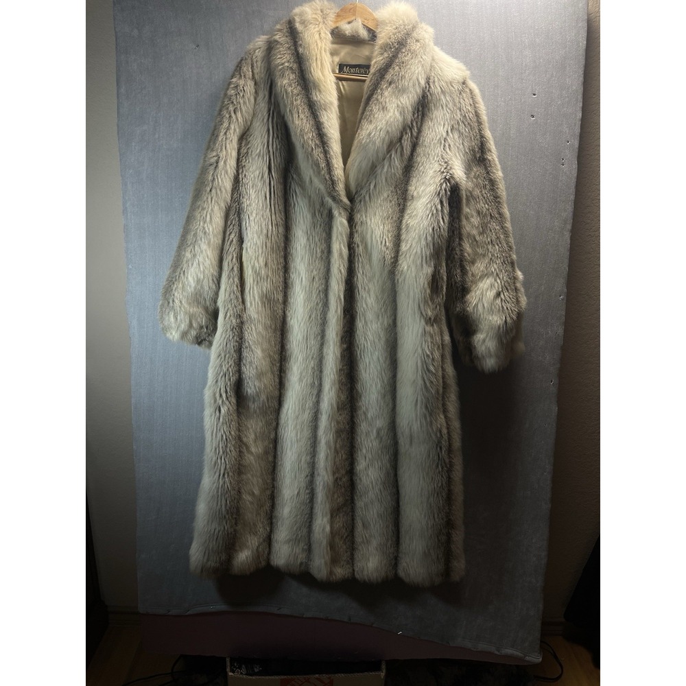 Monterey Fashion Faux Fox Fur Coat Gray Cream Made in USA Size Medium.